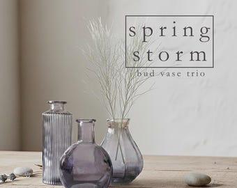 Gray and Blue Glass Bud Vase Trio Rainy Spring Home Decor Gifts