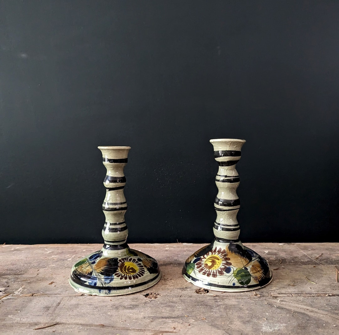 Vintage Ceramic Candlestick Holders Hand Painted Pottery Candle Holders