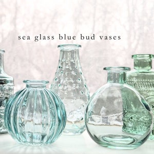 Blue Flower Bud Vases Sea Glass Blue Small Flower Vase Collection Vintage Style Colorful Table Home Decor Eco Friendly Gifts Plant Lovers
