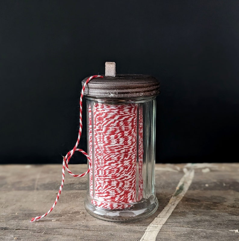 Baker's Crafting Twine Red and White Twisted Cotton Craft String in Glass Sugar Jar Gifts for Crafters Holiday Gift Wrap Vintage Style Decor image 2