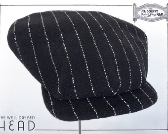 The KLOSEFIT Kap - Reproduction 1921 Double-Snap Flat Cap in Vintage Black Crépe Bouclé Pinstripe Wool - Made to Order