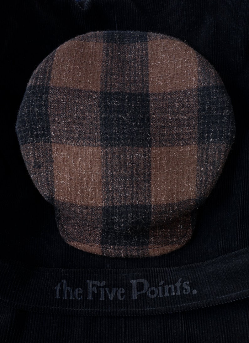 The FIVE POINTS 1910s-Pattern Flat Cap in Vintage Chocolate Plaid Tweed and Vintage French Workwear Cotton Liner Made to Order image 2