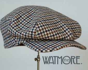 The WATMORE - 1920s-Pattern Narrow-Profile Flat Cap in Vintage Multi-Hued Houndstooth Tweed and Vintage Kimono Liner - Made to Order