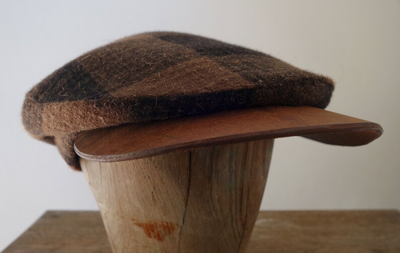 The MOTO-CAP 1920s-Pattern Slimline Flat Cap in Vintage Chocolate Plaid Wool and Horsehide Visor Made to Order image 5