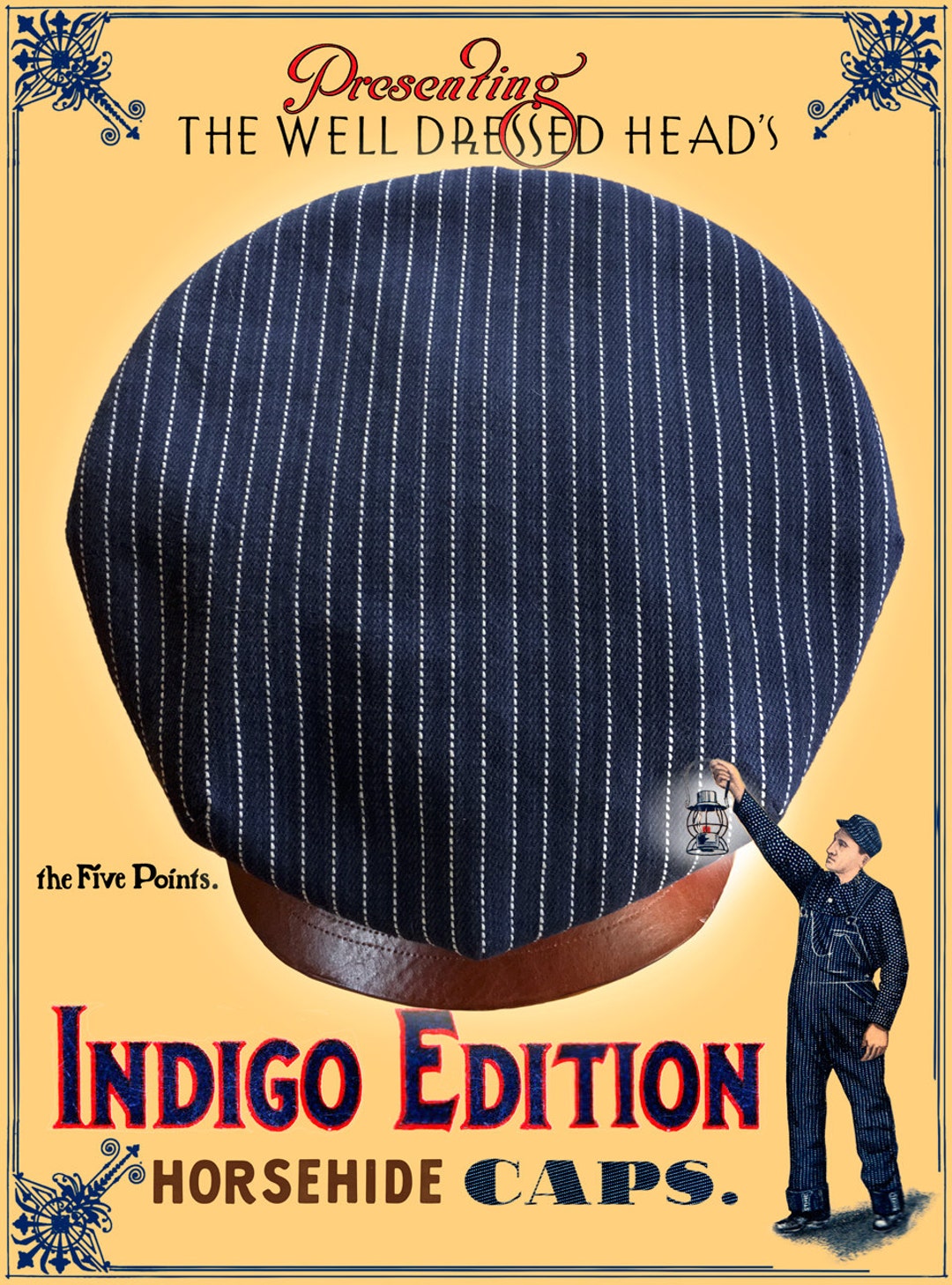 The FIVE POINTS Indigo Edition Horsehide 1910s Workwear Flat Cap in ...