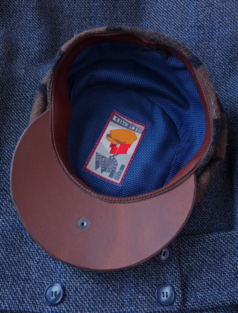 The MOTO-CAP 1920s-Pattern Slimline Flat Cap in Vintage Chocolate Plaid Wool and Horsehide Visor Made to Order image 2