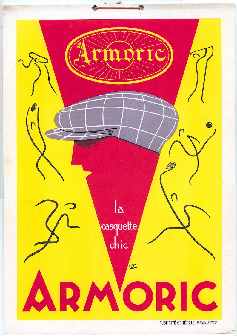 May include: A vintage advertisement for Armoric brand caps. The ad features a red and yellow background with a gray and white plaid cap. The text "Armoric" is in a large, bold font and the text "la casquette chic" is in a smaller font. The ad also features several stick figures.
