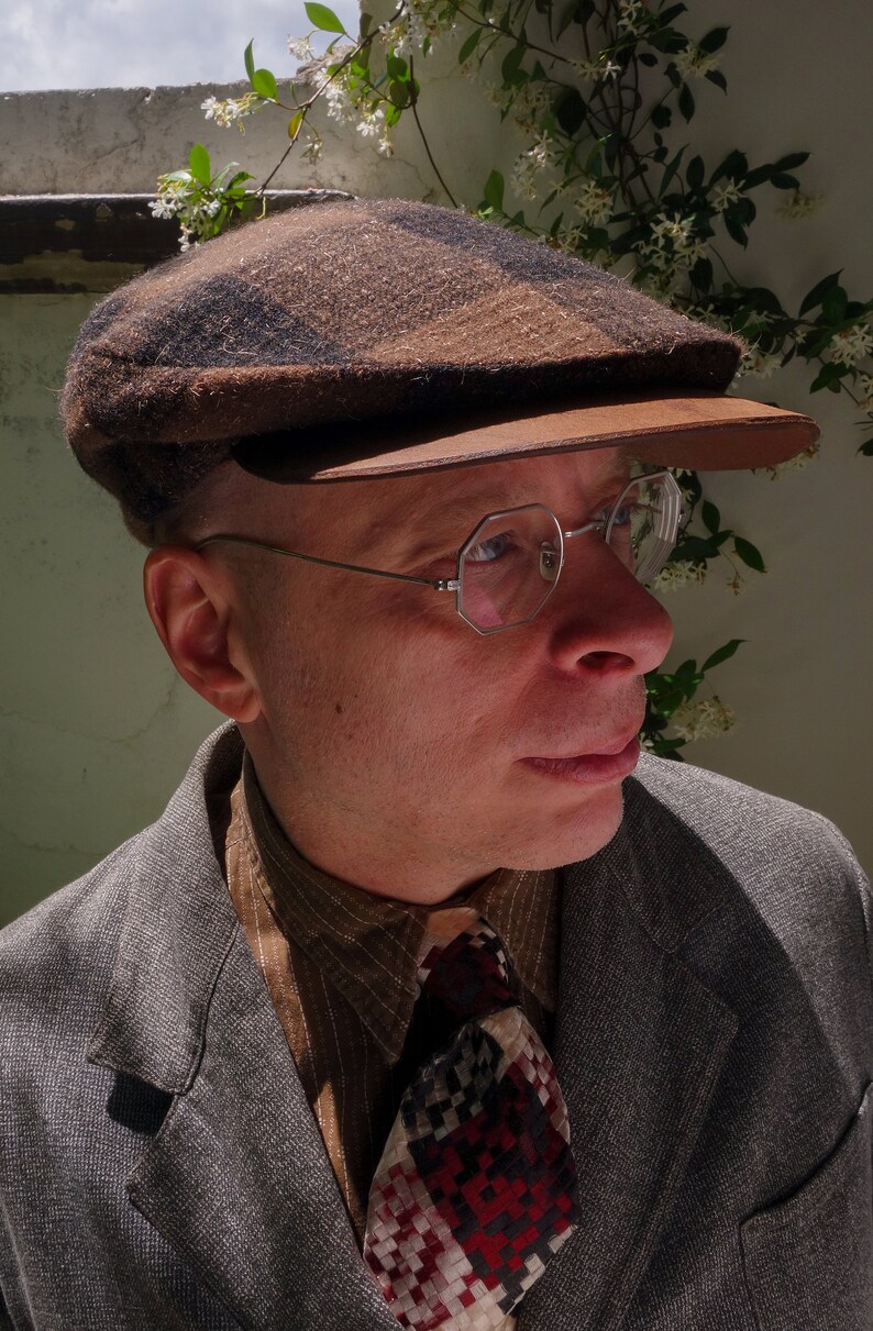 The MOTO-CAP 1920s-Pattern Slimline Flat Cap in Vintage Chocolate Plaid Wool and Horsehide Visor Made to Order image 7