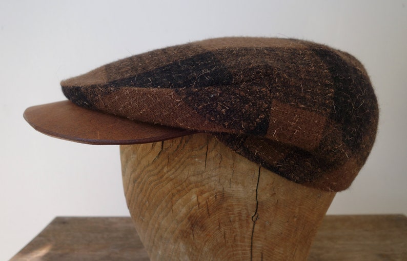 The MOTO-CAP 1920s-Pattern Slimline Flat Cap in Vintage Chocolate Plaid Wool and Horsehide Visor Made to Order image 4