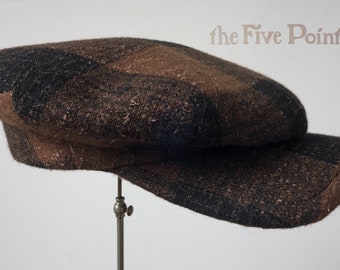 The FIVE POINTS - 1910s-Pattern Flat Cap in Vintage Chocolate Plaid Tweed and Vintage French Workwear Cotton Liner- Made to Order