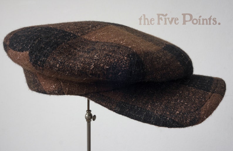 The FIVE POINTS 1910s-Pattern Flat Cap in Vintage Chocolate Plaid Tweed and Vintage French Workwear Cotton Liner Made to Order image 1