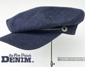 The FIVE POINTS - 1910s-Pattern Flat Cap in Selvedge Denim - Made to Order