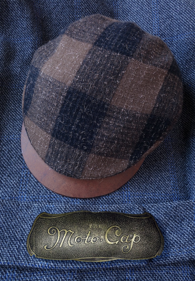 The MOTO-CAP 1920s-Pattern Slimline Flat Cap in Vintage Chocolate Plaid Wool and Horsehide Visor Made to Order image 1