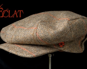 THE ÉCLAT - 1910s-Inspired 11.5" Diameter Fancy Pleated Flat Cap in Vintage Herringbone Tweed - Made to Order