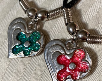 1980's Silver/Green or Silver/Pink  Heart Necklace with Splash Effect