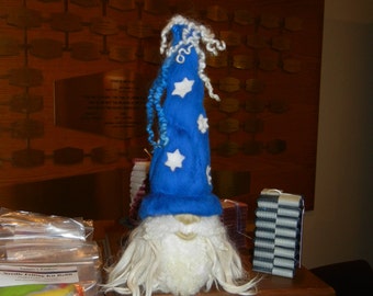 Wizard Gnome XL - needle felted - wool - locks - blue and white - 11 in