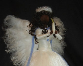 Ethnic Angel Tree Topper with candle - needle felted waldorf style - Christmas decoration - 14 inches - free shipping
