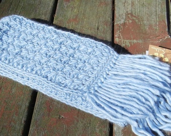 Light blue sulka scarf w/fringe  (merino wool, alpaca, silk)  5.5 x 54  Item 3-1010