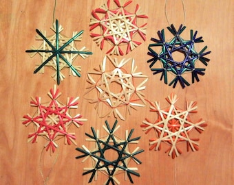 Set of 3 Traditional German Straw Star or Snowflake Ornaments - 2.75 in - natural and colored