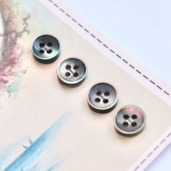 8 Dark Grey Iridescent Shell Buttons - Vintage Mother of Pearl 4-Hole Set - 10mm