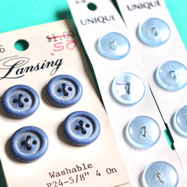Dark and Light Blue Plastic Buttons - Vintage Round Sets on Original Cards for Fashion, Crafts - 13mm, 14mm