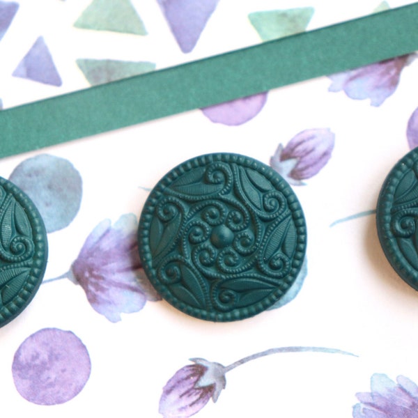 Deep Teal Green Buttons - Vintage Plastic Shank Sets with Flower Detail - 22mm