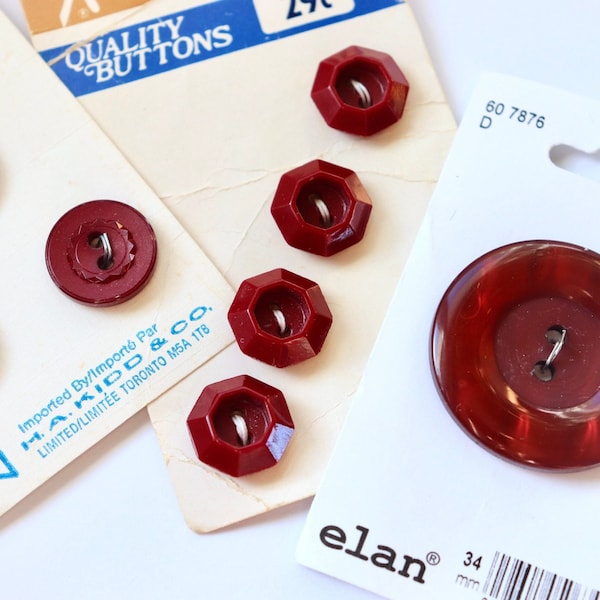 Vintage Burgundy Button Sets - Octagon Shaped on Card - 13mm, 16mm, 34mm