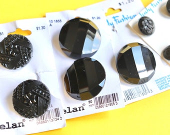 Stunning Black Glass Look Buttons - Large Vintage Sets on Original Cards - 15mm, 25mm, 30mm