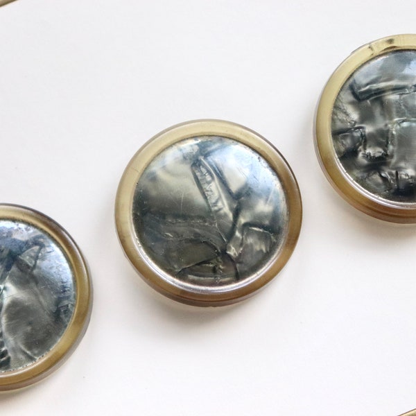 Stunning Vintage Coat Buttons - Amber and Grey With Crackle Inlaid Design - Set of 4 - 34mm x 5mm