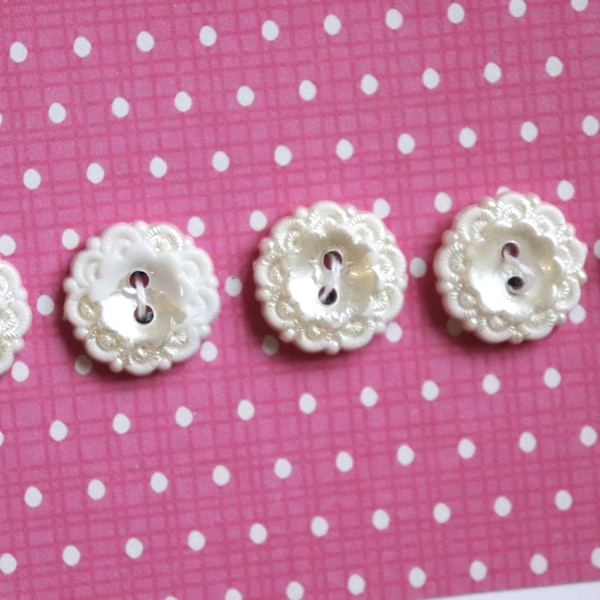 White Scalloped Buttons - Beautiful Vintage Plastic 2-Hole Set of 7 - 15mm