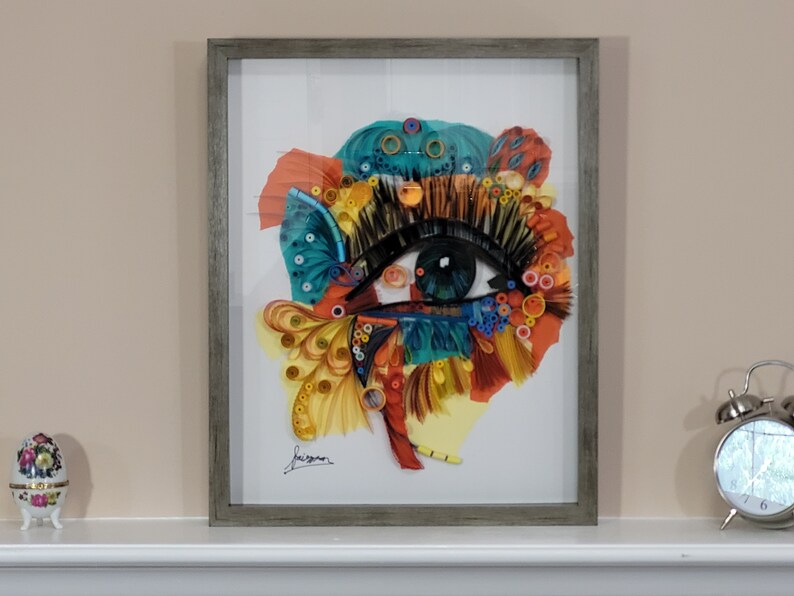 Colorful Eye 15x19 Quilled Paper Art Framed, Nursery Decor, Original