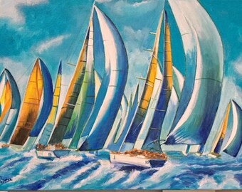 Sailboat Racing Acrylic Painting on Canvas - Nautical Wall Art, Ocean Regatta Painting, Sailing Decor for Beach House