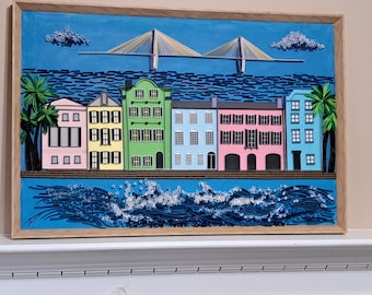 The Rainbow Row Quilling Wall Art – Handmade Paper Art of Charleston Homes & Bridge – Coastal Decor for Home or Gift