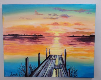 Hand-Painted Acrylic Sunset Dock Canvas Art - Serene Lake Landscape Painting - Wall Decor for Living Room, Office, or Bedroom - Unique Gift