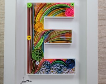 Custom Quilled Letter E Wall Art – Personalized Monogram Gift, Handmade Framed Paper Quilling, Home Decor for Any Occasion, DIY Decor