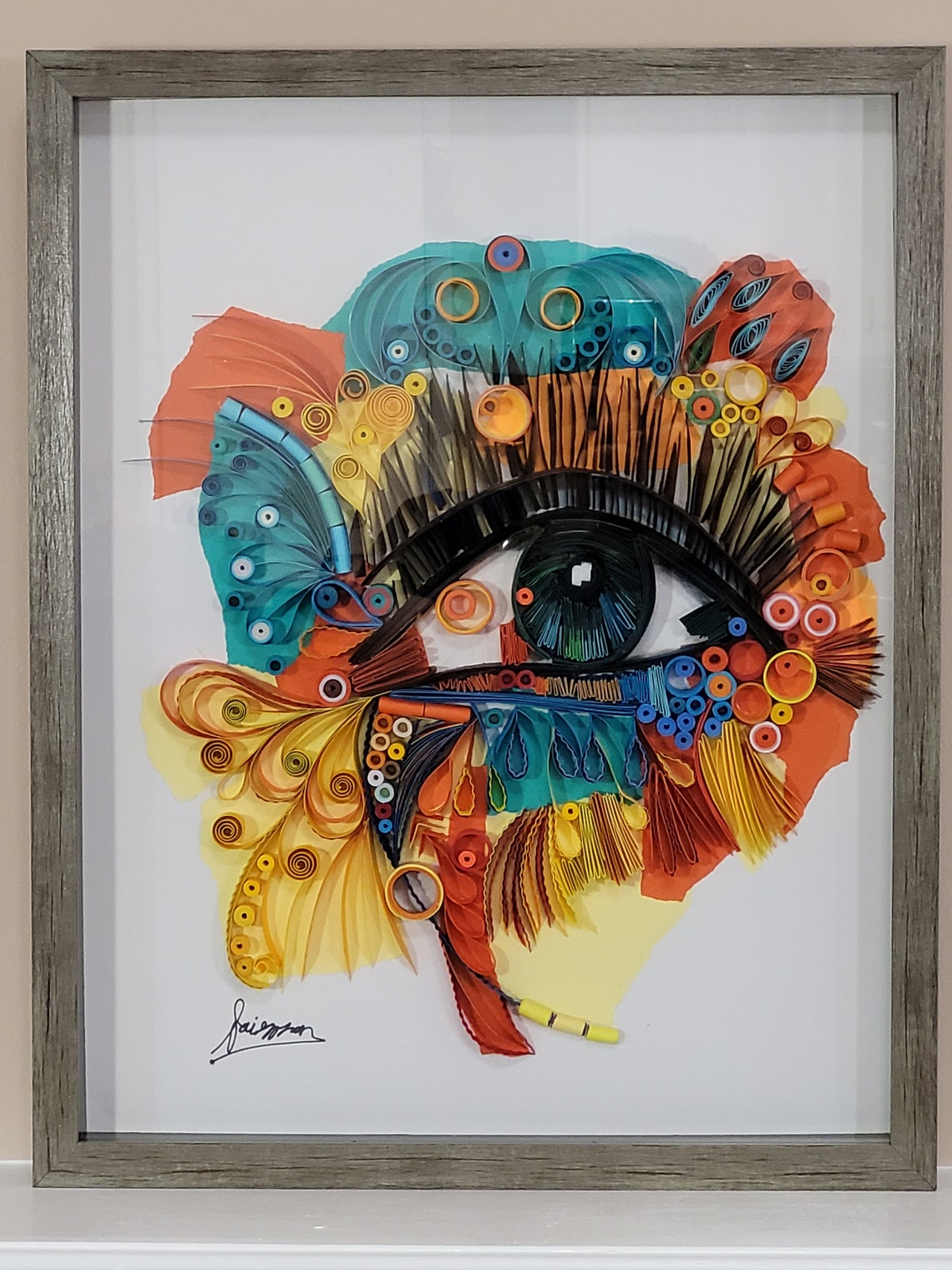 Colorful Eye 15x19 Quilled Paper Art Framed, Nursery Decor, Original