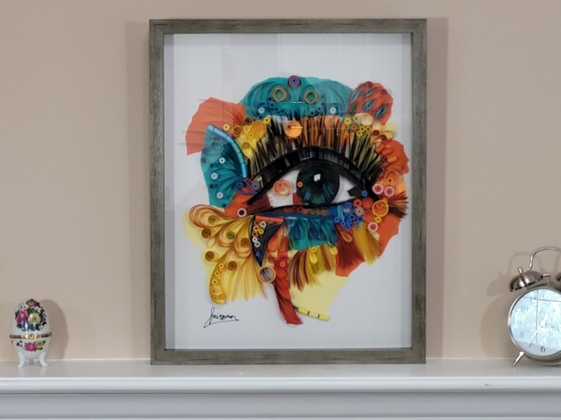 Colorful Eye 15x19 Quilled Paper Art Framed, Nursery Decor, Original