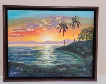 Tropical Sunset Painting – Original Acrylic Art on Canvas – Hand-Painted Seascape Wall Decor – Beach Sunset Artwork – Framed Ocean Painting