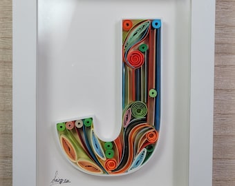 Custom Quilled Letter J Wall Art – Personalized Monogram Gift, Handmade Framed Paper Quilling, Home Decor for Any Occasion
