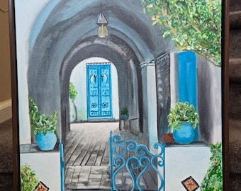 Mediterranean Blue Door Wall Art – Acrylic Painting on Canvas, Hand-Painted Home Decor Gift, Framed Ready to Hang