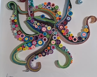 3D Quilled Octopus Wall Art – Handmade Nautical Paper Decor – Unique Ocean Animal Gift – Framed Sea Life Artwork – Gift for Her