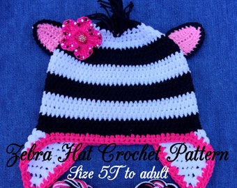 Crochet pattern child's hat, zebra hat Crochet Pattern, crochet pattern zebra, crochet pattern child, crochet zebra, zebra pattern 5T-adult