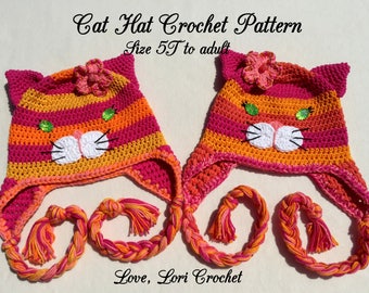 Crochet pattern child's hat, Cat hat Crochet Pattern, crochet pattern cat, crochet pattern child, cat pattern, crochet cat size 5T to adult