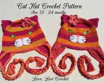 Crochet pattern child's hat, Cat hat Crochet Pattern, crochet pattern cat, crochet pattern child, cat pattern, crochet cat size 12-24 months