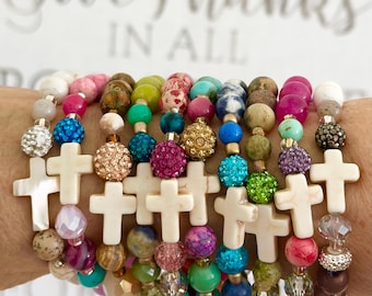 White Howlite Stone Cross Gemstone Stretchy Bracelets, Rhinestones, Semiprecious Stones, 6mm 8mm Beads, Cross Bracelets, Christian Bracelets
