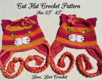 Crochet pattern child's hat, Cat hat Crochet Pattern, crochet pattern cat, crochet pattern child, cat pattern, crochet cat size 2T - 4T