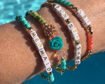 Personalized Micro-bead LBI WORD Bracelet, 3 strands, stretchy bracelets, czech glass, gold tone, custom, 8"