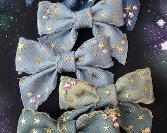 Small Starry Denim Bow Clips
