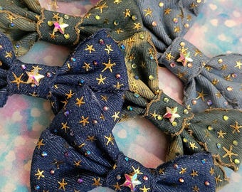 Large Starry Denim Bow Clips