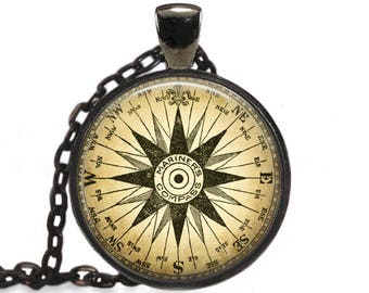 Marine Compass Necklace, Compass Jewelry, Nautical Directions Pendant [A98]